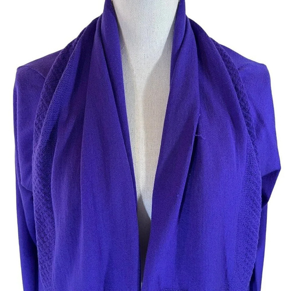 Elle Tahari Merino Wool Purple Open Cardigan Sweater Medium Crochet Trim Draped - Picture 4 of 9